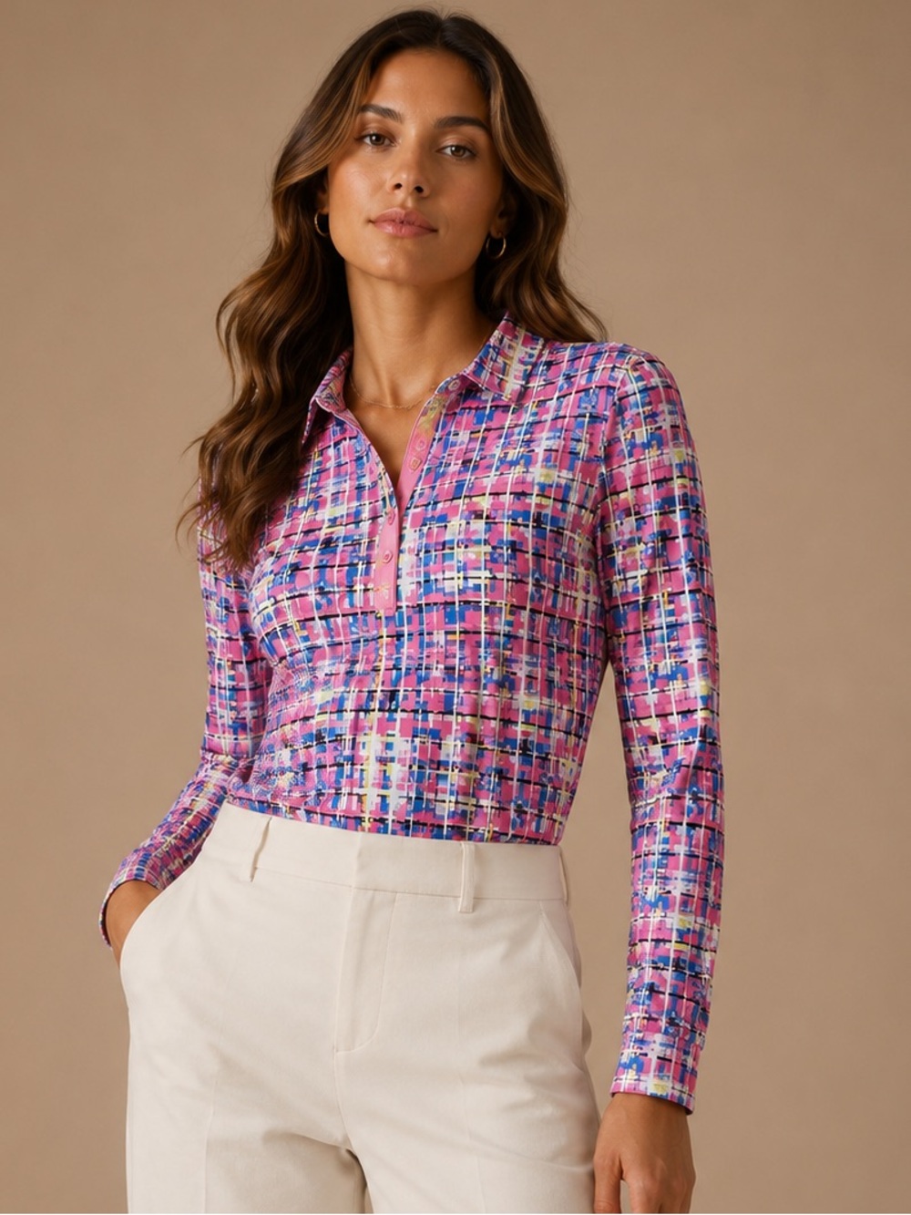 H&M Pink Multi-Color Plaid Button-Down Long Sleeve Top